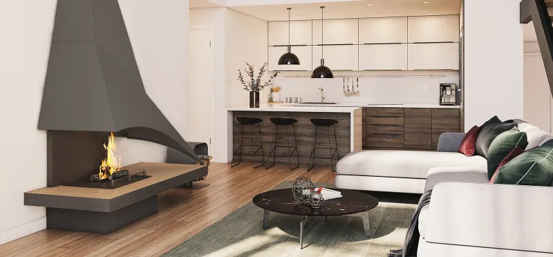 Cheminée JC Bordelet Elisa 981, cheminée murale bois, lignes sobres raffinées, intégration élégante parfaite pour intérieur contemporain harmonieux à Vienne