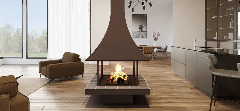 Cheminée JC Bordelet Julietta 985, modèle historique 1985, mariage des courbes fines et volumes cubiques pour élégance intemporelle à Saint-Étienne