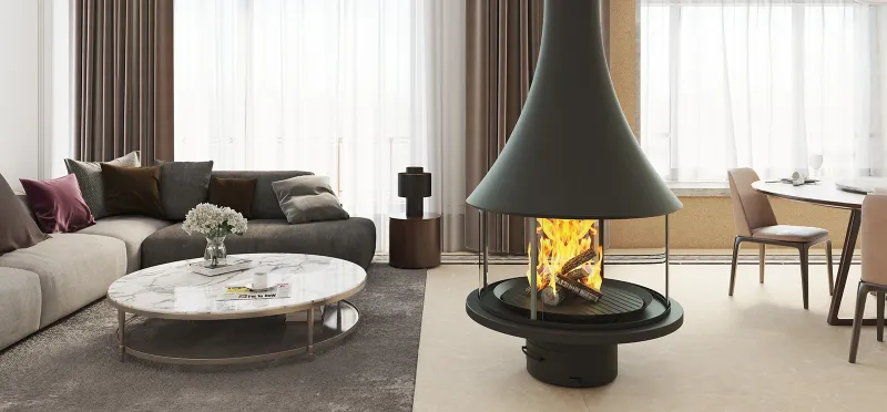 Cheminée JC Bordelet Marina 993, cheminée bois centrale élégante, hotte raffinée rappelant les premières courbes emblématiques de la marque à Vienne