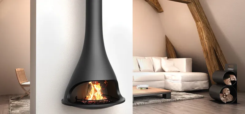 Cheminée JC Bordelet Tatiana 997, sculpture contemporaine, cheminée centrale bois offrant convivialité et vision directe du feu à Rive-de-Gier